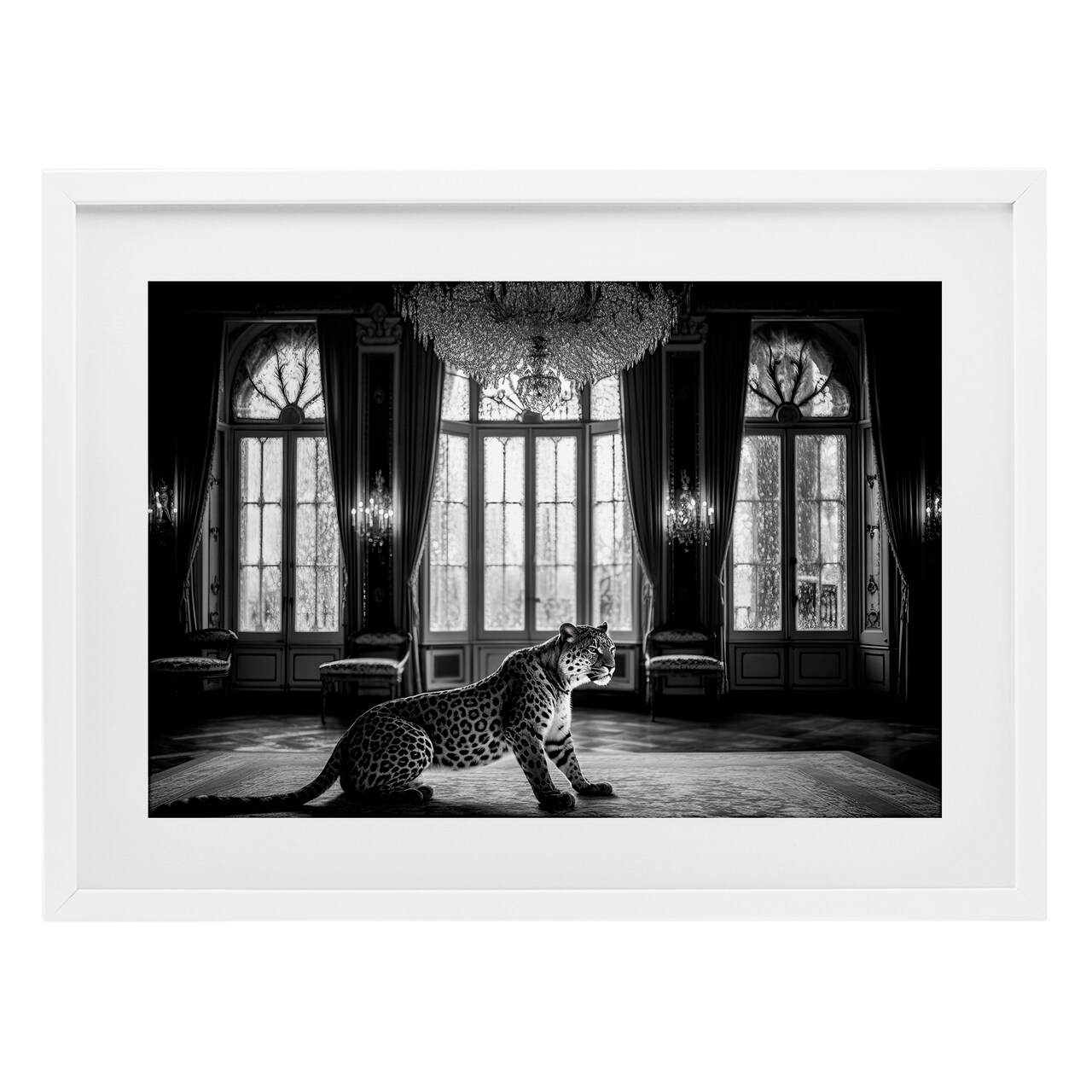 Stupell Industries Snow Leopard in Opulent Mansion Framed Print Under Glass, design by Decent Exposures